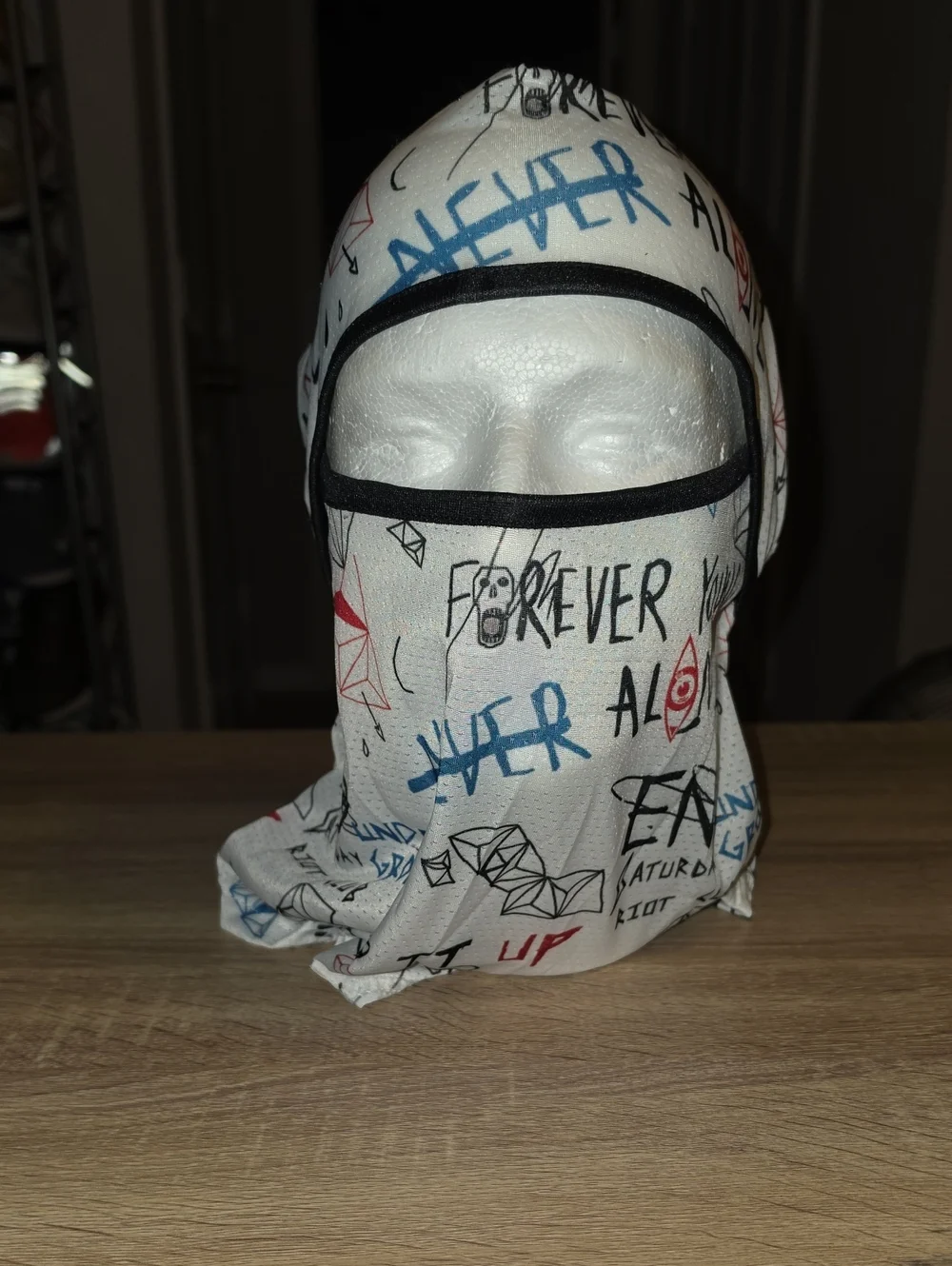 Graphic White Balaclava Face Mask with Black Trim